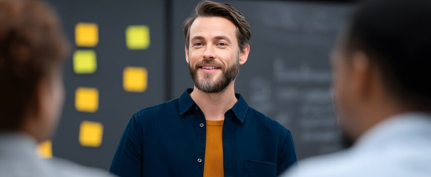 Entrepreneur confidently presenting groundbreaking ideas at a dynamic business pitch meeting