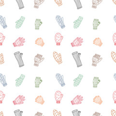 Seamless doodle pattern of various mittens, gloves in colored outline. Symmetrical texture of various knitting. Decorative doodle background for designing clothing, paper, or textiles in cold weather