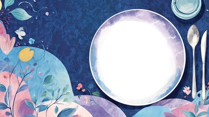 Artistic table setting with empty plate and floral watercolor design