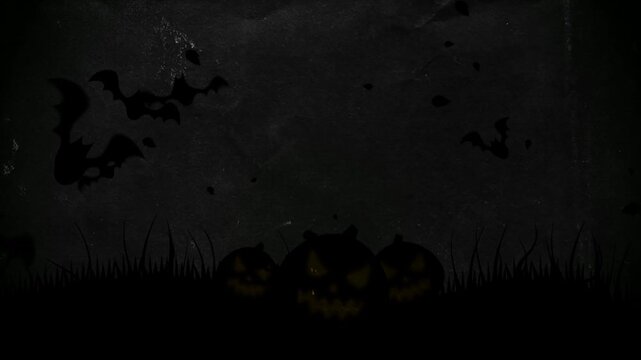 Dark halloween background animation with spooky flying bats, creepy pumpkins and grunge texture perfect for horror intro, scary videos and festive overlays