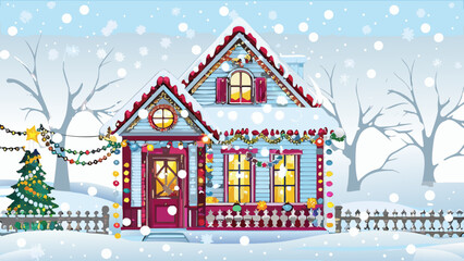 Obraz premium Illustration of a snow covered house decorated with christmas lights and a christmas tree in front yard is seen