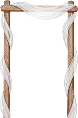 A wooden arch beautifully decorated with flowing white fabric