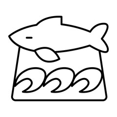 Wooden board with fish sliced fillet thin line icon, japanese food concept. Vector graphics. Fillet slices and fish, seafood sign on white background, style icon mobile or web design.