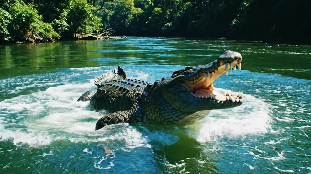 Massive crocodile leaps from the river with its jaws wide open in a display of raw power and predatory instinct amidst a lush jungle environment creating a thrilling scene