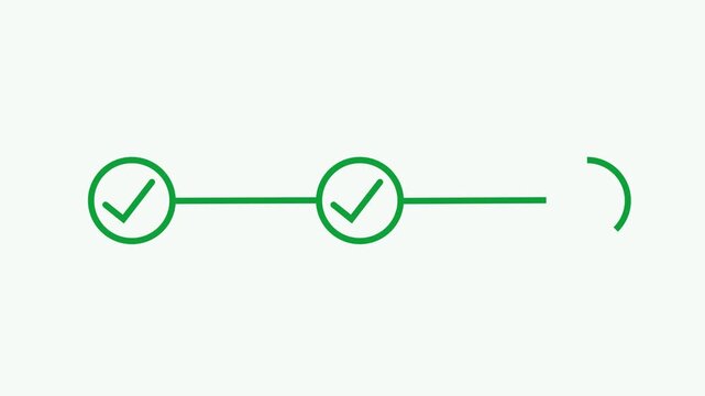 Animated green checkmarks in circles connected by lines on a clean light background, representing progress, tasks completed, or success in a business or project timeline, suitable for motion graphics.