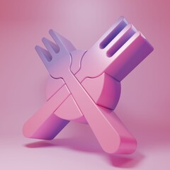 Purple-pink Crossed fork icon isolated on pink background. Cutlery symbol. Minimalism concept. 3D render illustration