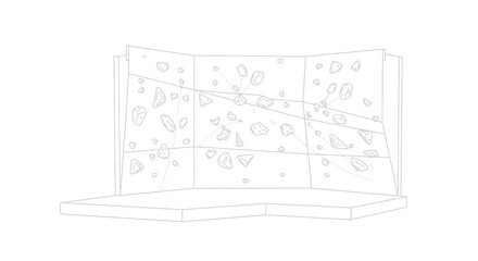 A detailed line drawing of a climbing wall with various holds and a flat matting area in the foreground.
