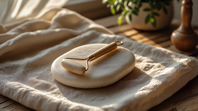 Jade roller on linen cloth in sunlit room, calming and luxurious mood, representing face massage and anti-aging routine, against a warm interior backdrop with copy space