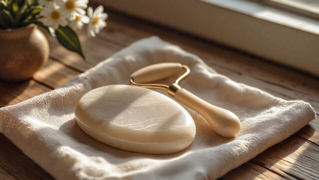 White jade gua sha tool and soap bar on folded towel near window, serene and ritualistic mood, symbolizing facial massage and natural skincare, against a sunlit wooden backdrop with copy space