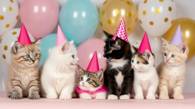 Party Kittens: A delightful tableau of kittens, each adorned with a party hat, poised against a backdrop of colorful balloons. This image encapsulates the essence of joy and celebration.