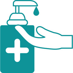 Cyan Hand Sanitizer Bottle With Dispenser Pump And Droplet Above A White Hand With A White Plus Sign Symbol Indicating Healthcare And Safety On Transparent Background