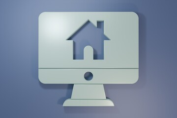 Grey Computer monitor with smart home icon isolated on purple-blue background. Remote control. Minimalism concept. 3D render illustration