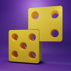 Yellow Game dice icon isolated on purple background. Casino gambling. Minimalism concept. 3D render illustration