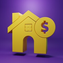 Yellow House with dollar symbol icon isolated on purple background. Home and money. Real estate concept. Minimalism concept. 3D render illustration