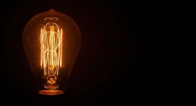 A vintage Edison light bulb glows warmly against a dark background illuminating the intricate filament design