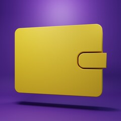 Yellow Wallet icon isolated on purple background. Purse icon. Cash savings symbol. Minimalism concept. 3D render illustration
