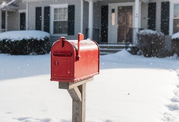 Red mailbox in fresh snowy yard outside a suburban home during winter morning light