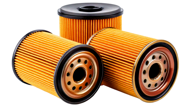 Three New Car Engine Oil Filters Close Up View Golden Yellow and Black Color Cylindrical Sha.png
