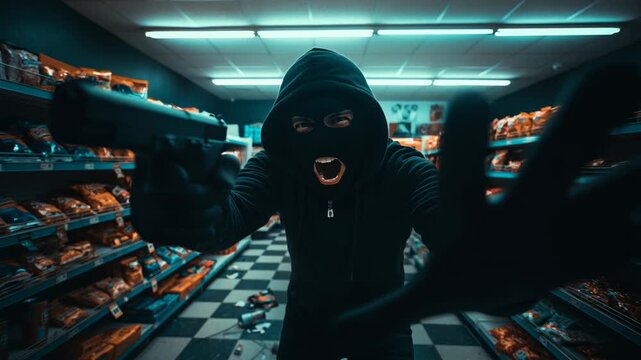A masked robber threatens a camera with a gun while standing in a store at night. Grocery store robbery, gun crime