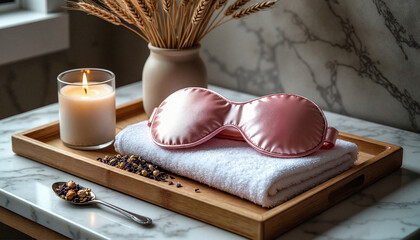 Pink silk eye mask on folded towel with candle and dried lavender on wooden tray, soothing and luxurious mood, representing self-care and sleep ritual, against a marble bathroom backdrop with copy spa