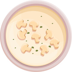 Creamy Mushroom Soup Served in a White Bowl with Garnish Top View Illustration