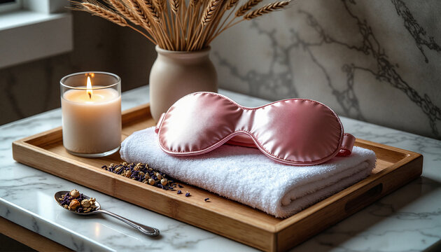 Pink silk eye mask on folded towel with candle and dried lavender on wooden tray, soothing and luxurious mood, representing self-care and sleep ritual, against a marble bathroom backdrop with copy spa