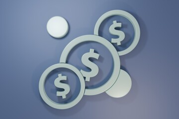 Grey Coin money with dollar symbol icon isolated on purple-blue background. Banking currency sign. Cash symbol. Minimalism concept. 3D render illustration