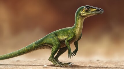 Fototapeta premium Compsognathus: Small Jurassic Dinosaur Against a Prehistoric Background