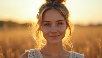 Young woman with light brown hair smiles gently at camera. She has blue eyes and stands in a sunlit wheat field. Her hair is styled in a bun with wisps around her face.