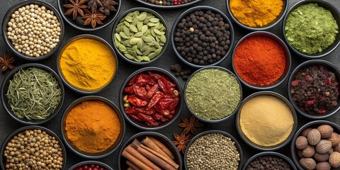A neatly arranged grid of black bowls filled with a vibrant assortment of whole and ground Indian spices, including turmeric, chili, coriander, peppercorns, star anise, cloves, cinnamon, and cardamom.