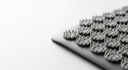 Close up of a gray acupuncture mat designed for relaxation and therapy on a clean white surface showcasing its unique texture and design