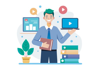Online learning concept. Teacher with books and chalkboard, video lesson. illustration in flat style