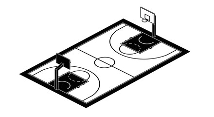 Isometric illustration of a basketball court, showing markings and hoops. © Kisah