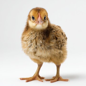 Adorable Young Chabo Bantam Chicken, Cute Brown Buff Bird With Curious Tilted Head on White Background