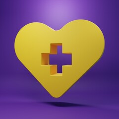 Yellow Heart with a cross icon isolated on purple background. First aid. Healthcare, medical and pharmacy sign. Minimalism concept. 3D render illustration