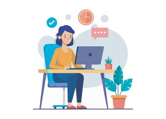 a woman working on a computer at a desk, Woman sitting at a desk with computer responding to a call. illustration in flat style