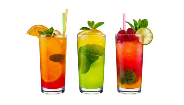 Three tall glasses filled with colorful refreshing cocktails garnished with fruits and mint_.png