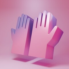 Purple-pink Medical rubber gloves icon isolated on pink background. Protective rubber gloves. Minimalism concept. 3D render illustration