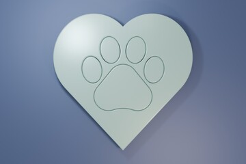 Grey Heart with animals footprint icon isolated on purple-blue background. Pet paw in heart. Love to the animals. Minimalism concept. 3D render illustration