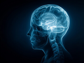 Xray image of a human head and brain showing detailed anatomy and suitable for medical, healthcare, educational and scientific projects.