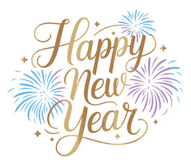 Happy New Year calligraphy with fireworks festive vector design for holiday greetings isolated on wh