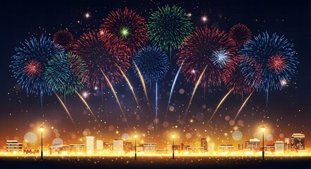 Fototapeta premium Colorful fireworks explode over city skyline at night with bokeh lights