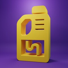 Yellow Drain cleaner bottle icon isolated on purple background. Water pipes cleaning. Plumbing repair symbol. Minimalism concept. 3D render illustration