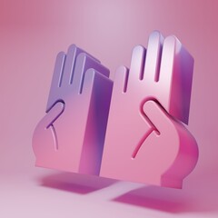 Purple-pink Rubber gloves icon isolated on pink background. Latex hand protection sign. Housework cleaning equipment symbol. Minimalism concept. 3D render illustration