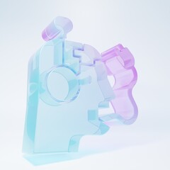 Frosted glass Robot charging battery icon isolated on white background. Artificial intelligence, machine learning, cloud computing. Minimalism concept. 3D render illustration