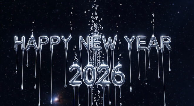 New year 2026 celebration with dripping silver letters - Powered by Adobe