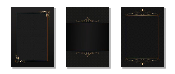 Set of black luxury cover design. Cover design in A4 size with gold floral decoration. Suit for banner, invitation card, award, certificate, poster, formal invitation, and others