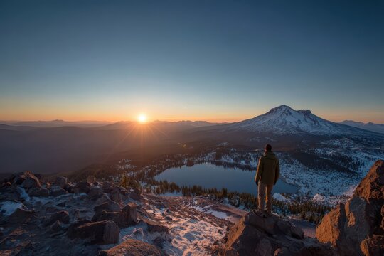 Captivating Sunset at Mt Bachelor: An Adventurer's Selfie by the Lake in Oregon