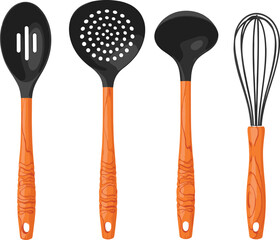 Kitchen Utensil Vector Set: Slotted Spoon, Skimmer, Ladle, and Whisk with Black Heads and Orange Wooden Handles, Ideal for Cooking, Culinary, and Restaurant Graphics