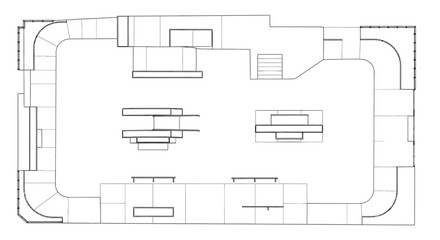 Top-down architectural plan of a skatepark featuring ramps, rails, stairs, and various obstacles. © Kisah
